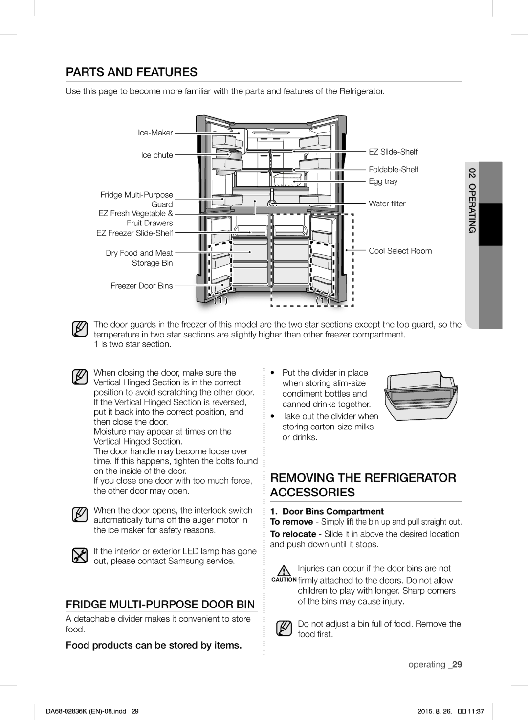 Samsung RF858VALASL/EU manual Parts and Features, Removing the Refrigerator Accessories, Fridge MULTI-PURPOSE Door BIN 