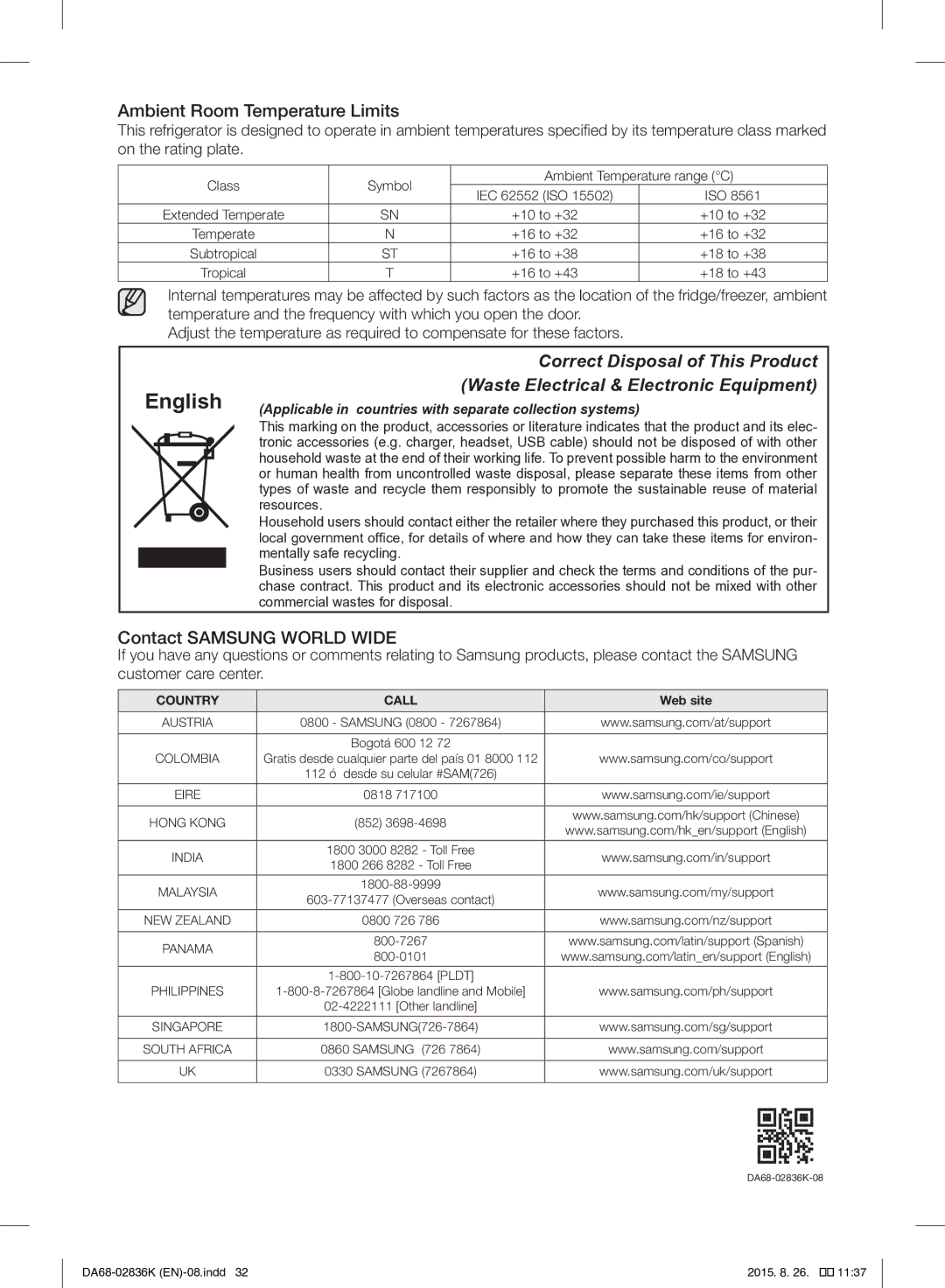 Samsung RF858VALASL/EU manual Ambient Room Temperature Limits, Contact Samsung World Wide 