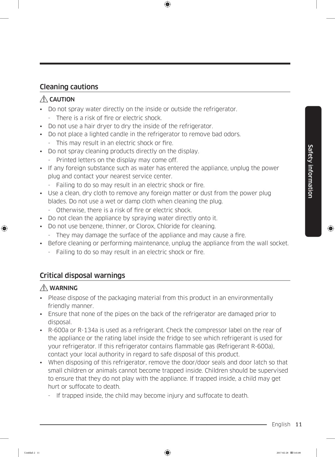 Samsung RF85K9002SR/ML manual Cleaning cautions, Critical disposal warnings 