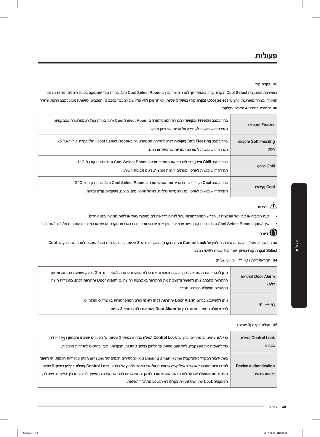 Samsung RF85K9002SR/ML manual הכר, ןוניצ Chill, רוריק Cool, תלד, C, הרקב, רישכמ תומיא 