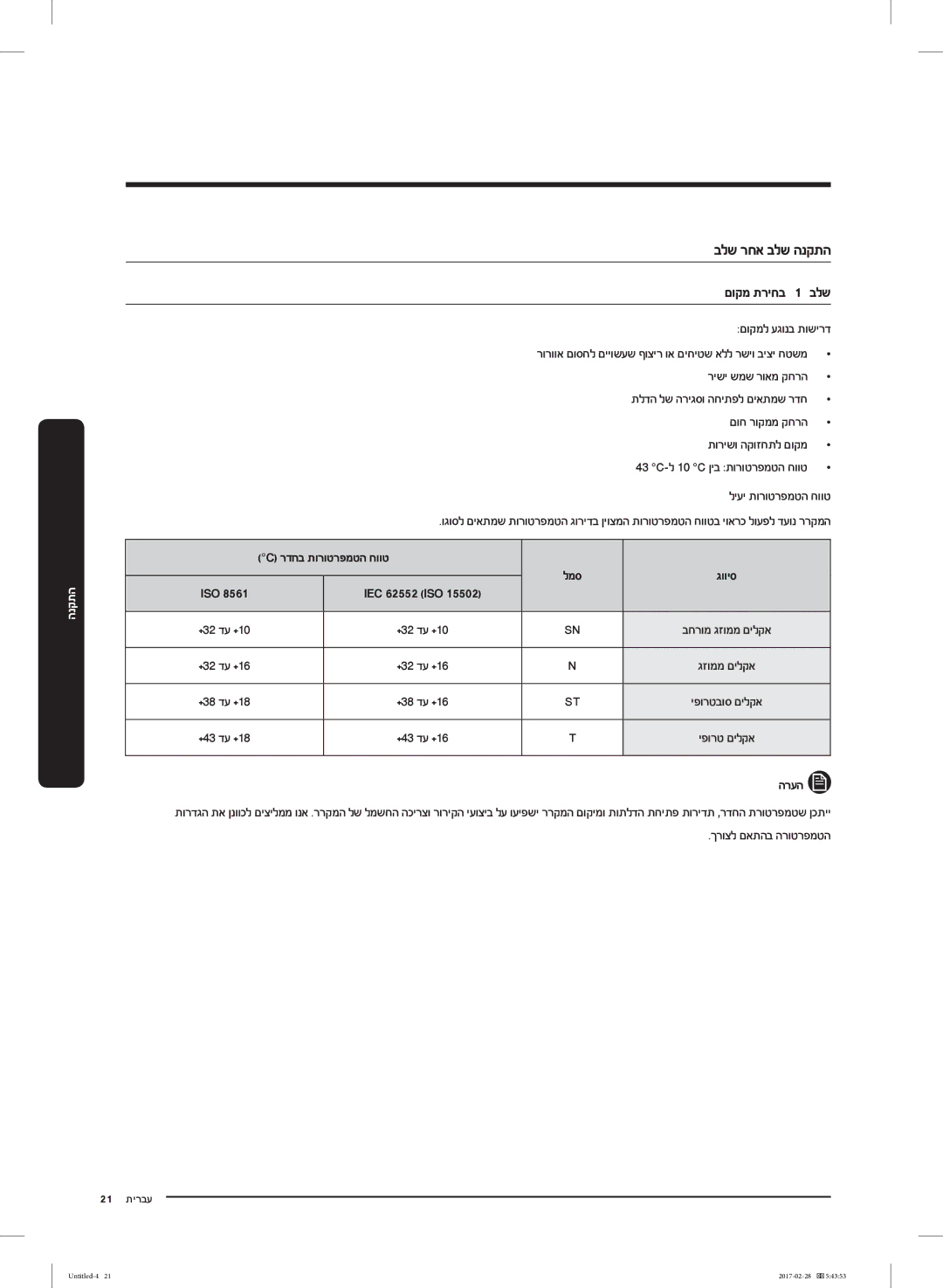 Samsung RF85K9002SR/ML manual בלש רחא בלש הנקתה, םוקמ תריחב, רדחב תורוטרפמטה חווט 