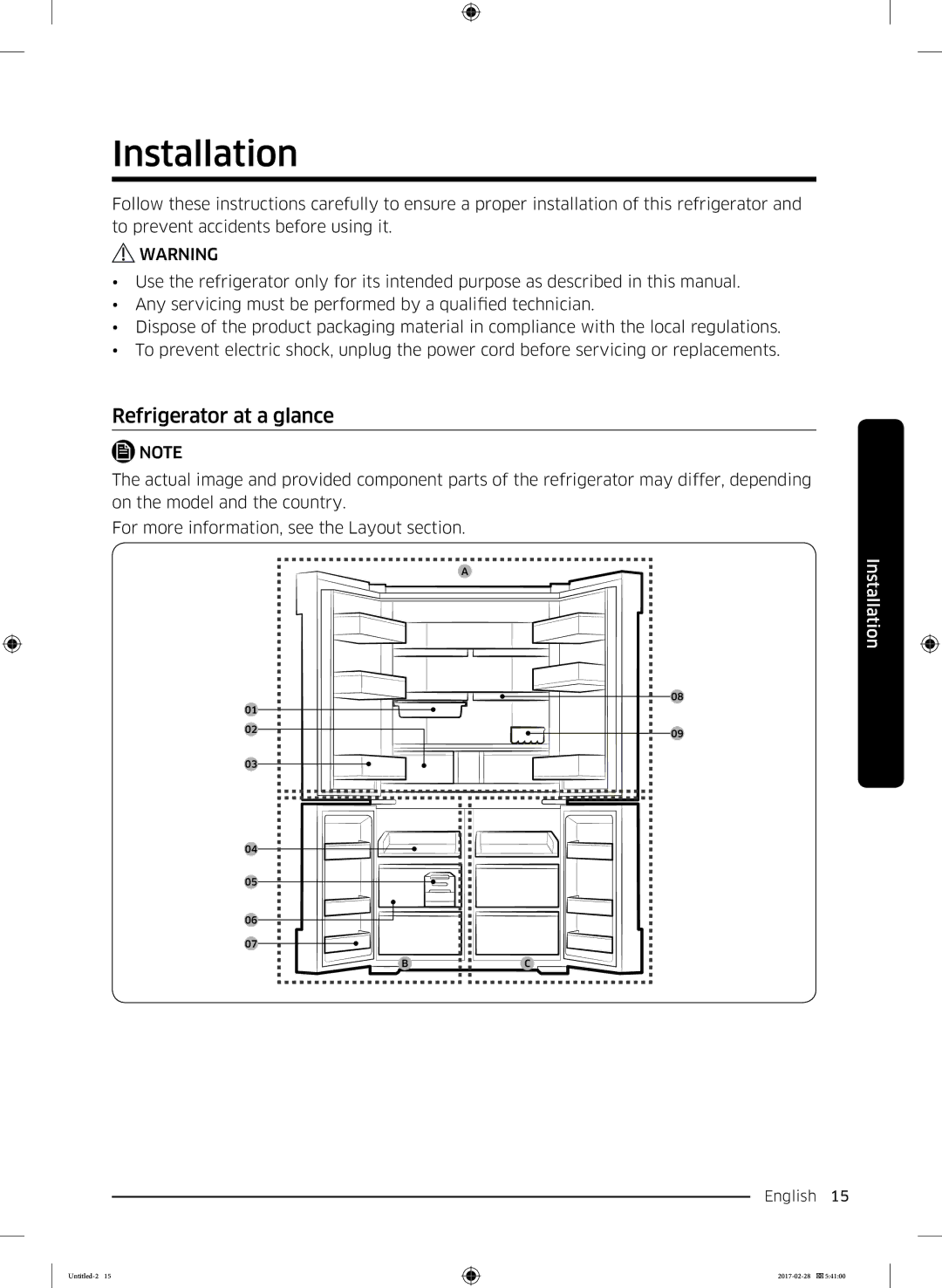 Samsung RF85K9002SR/ML manual Installation, Refrigerator at a glance 