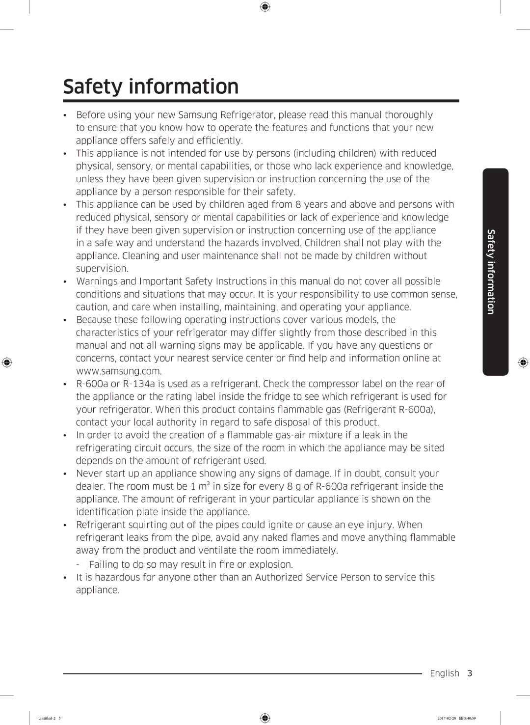 Samsung RF85K9002SR/ML manual Safety information 