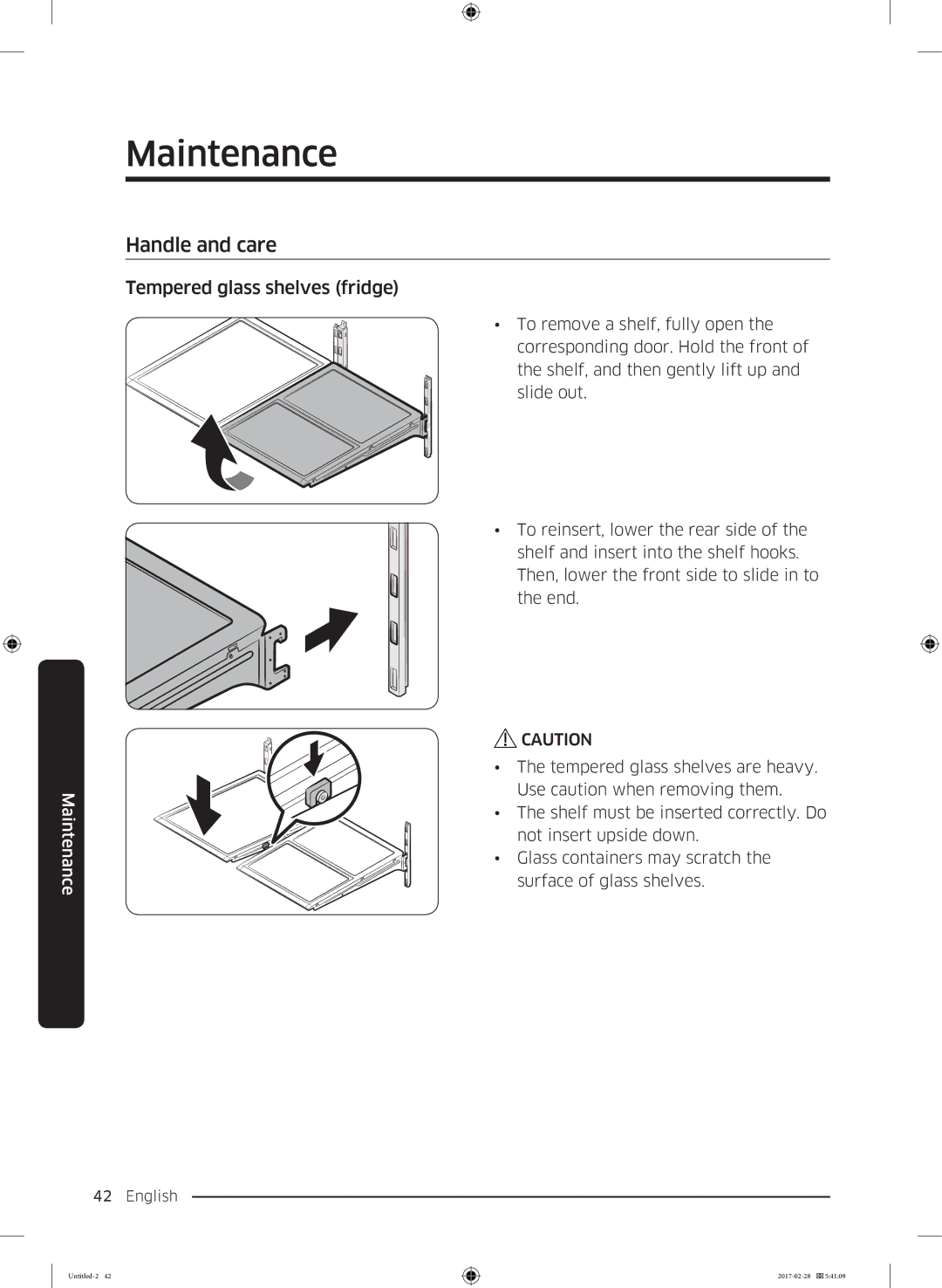 Samsung RF85K9002SR/ML manual Handle and care, Tempered glass shelves fridge 