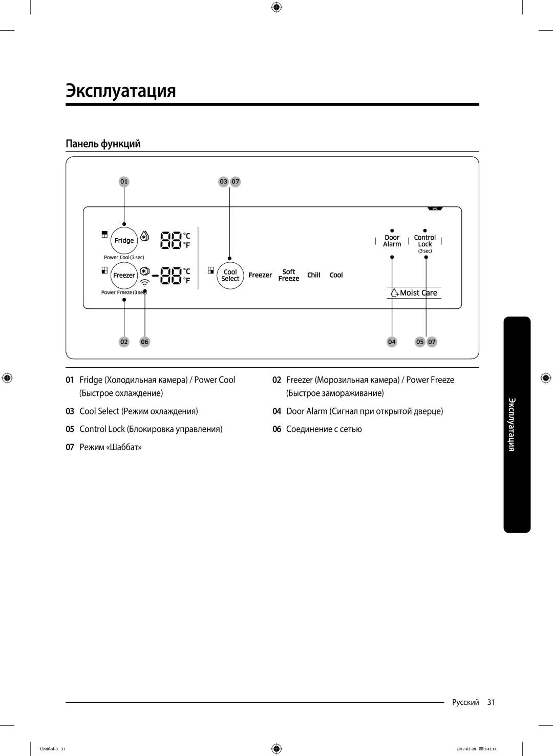 Samsung RF85K9002SR/ML manual Эксплуатация, Панель функций 