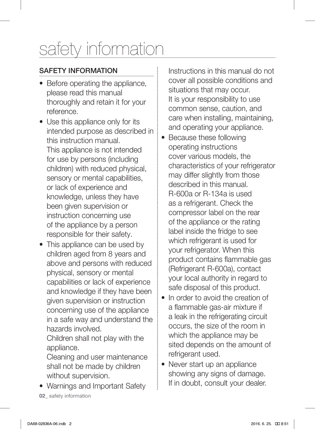 Samsung RF905QBLASL/ZA manual Safety information, Children shall not play with the appliance, Safety Information 