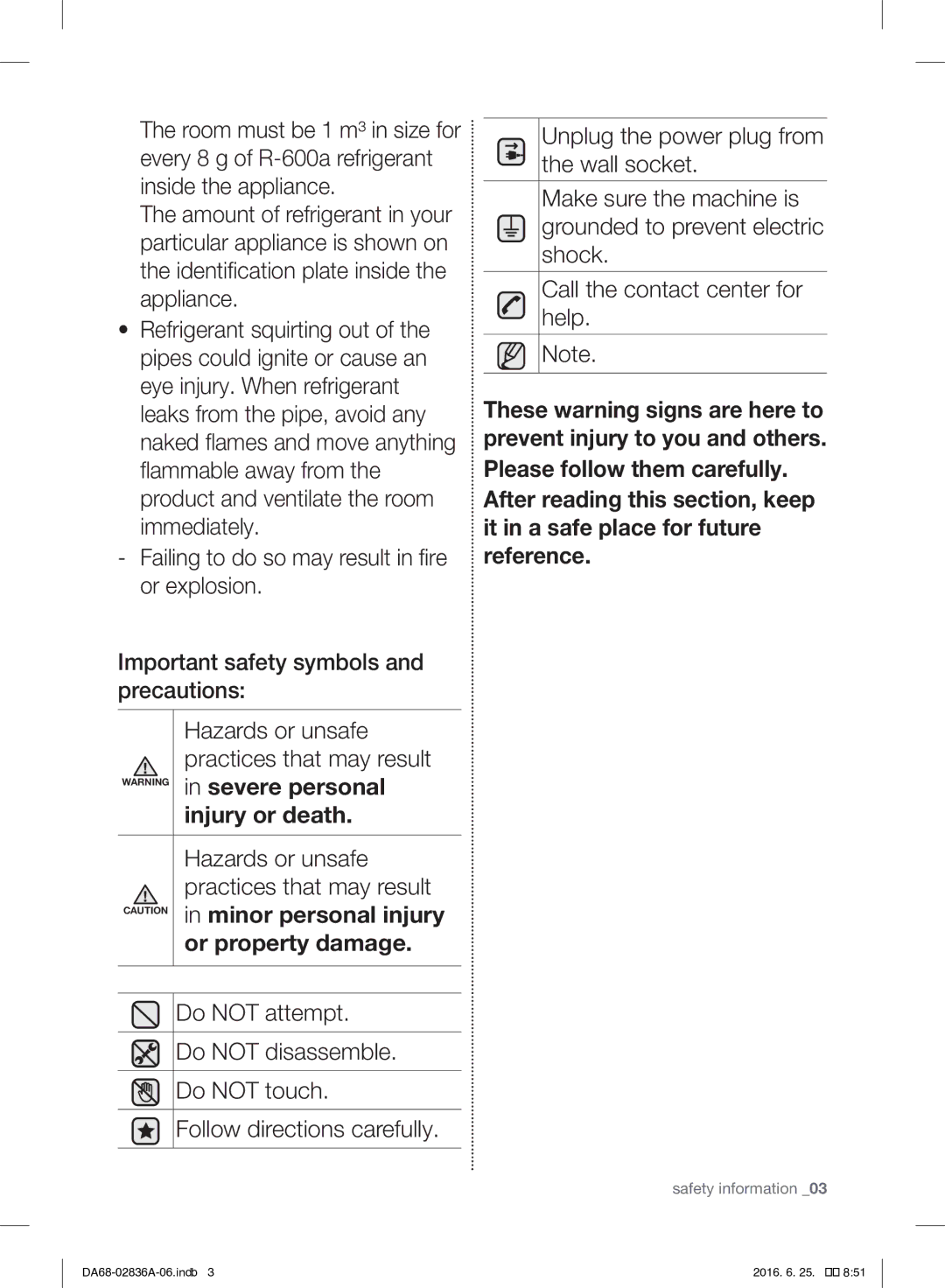 Samsung RF905QBLASL/ZA manual Severe personal, Injury or death, Minor personal injury, Or property damage 