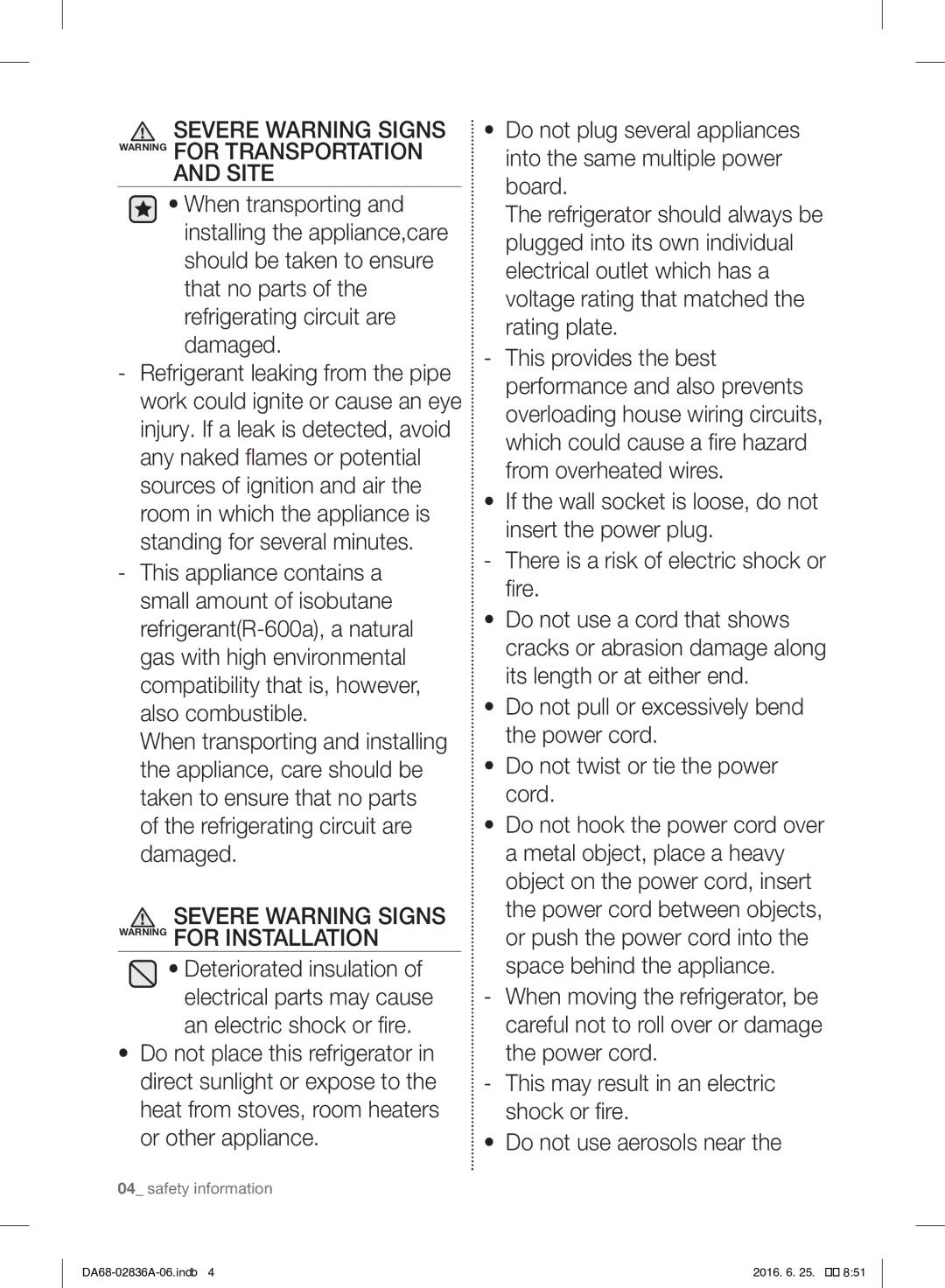 Samsung RF905QBLASL/ZA Severe Warning Signs Warning for Transportation, Severe Warning Signs Warning for Installation 