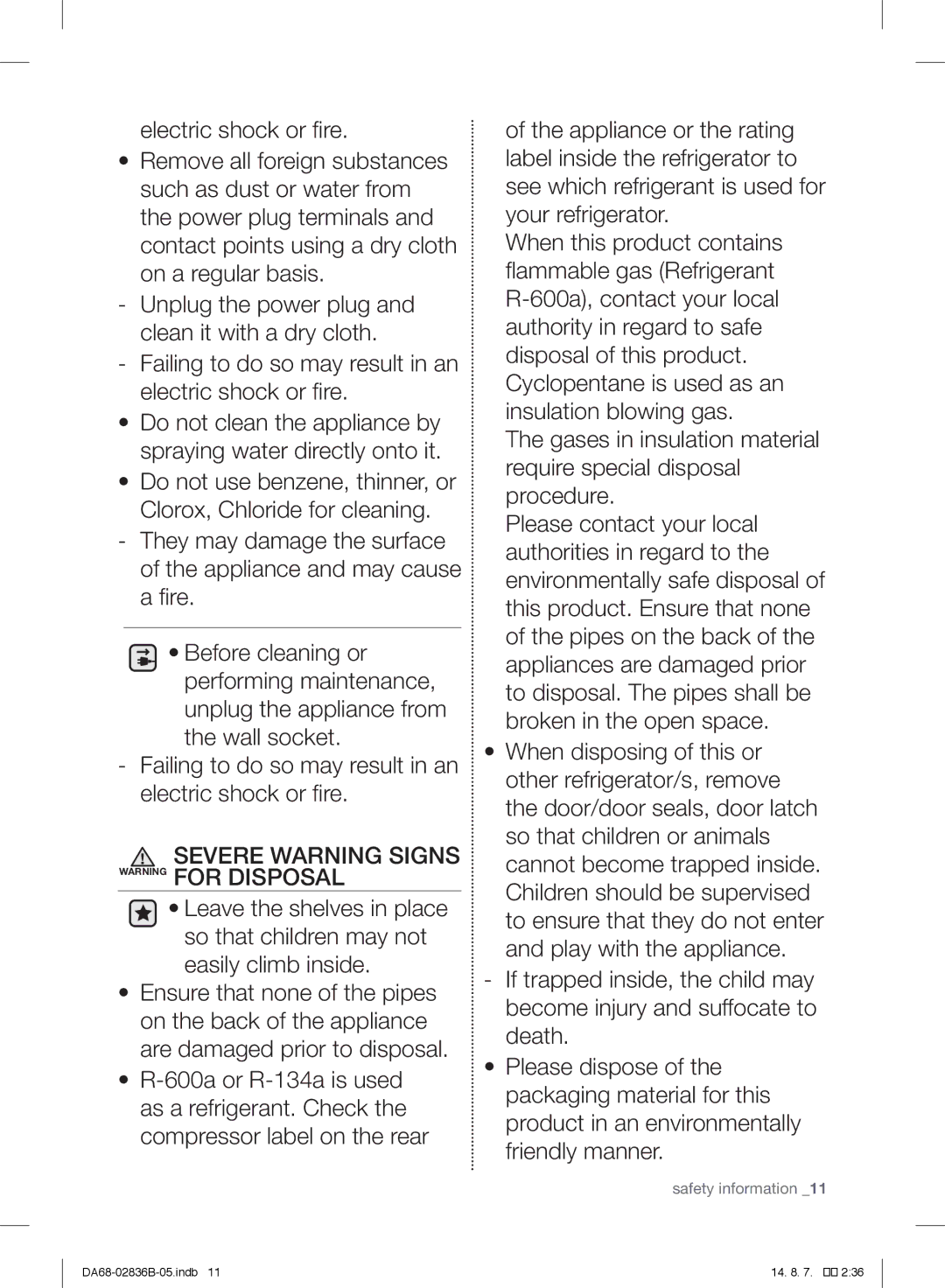 Samsung RF905QBLASP/ML manual Severe Warning Signs Warning for Disposal 