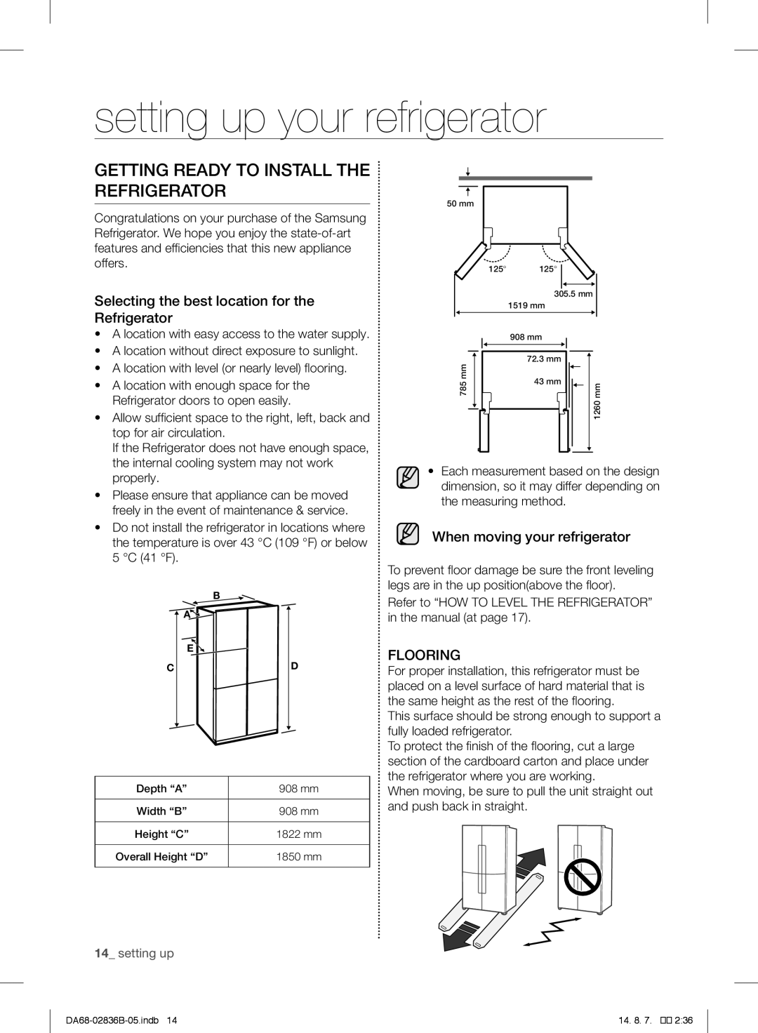 Samsung RF905QBLASP/ML manual Setting up your refrigerator, Getting Ready to Install the Refrigerator 