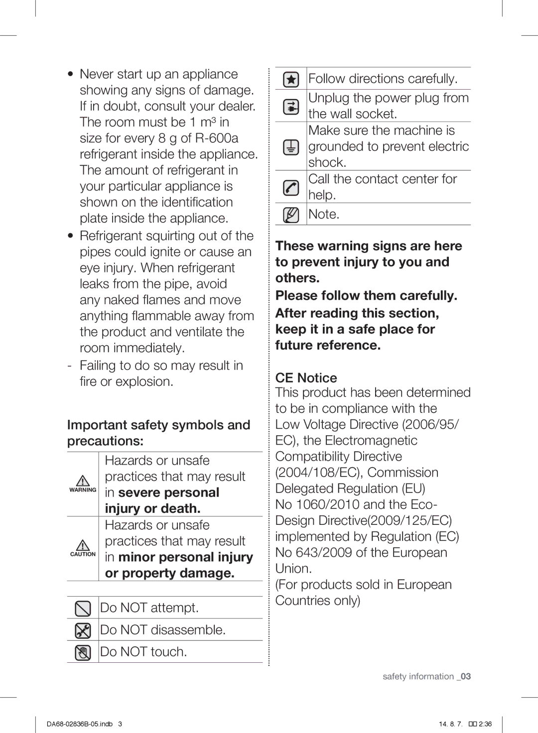 Samsung RF905QBLASP/ML manual Severe personal, Injury or death, Minor personal injury, Or property damage 