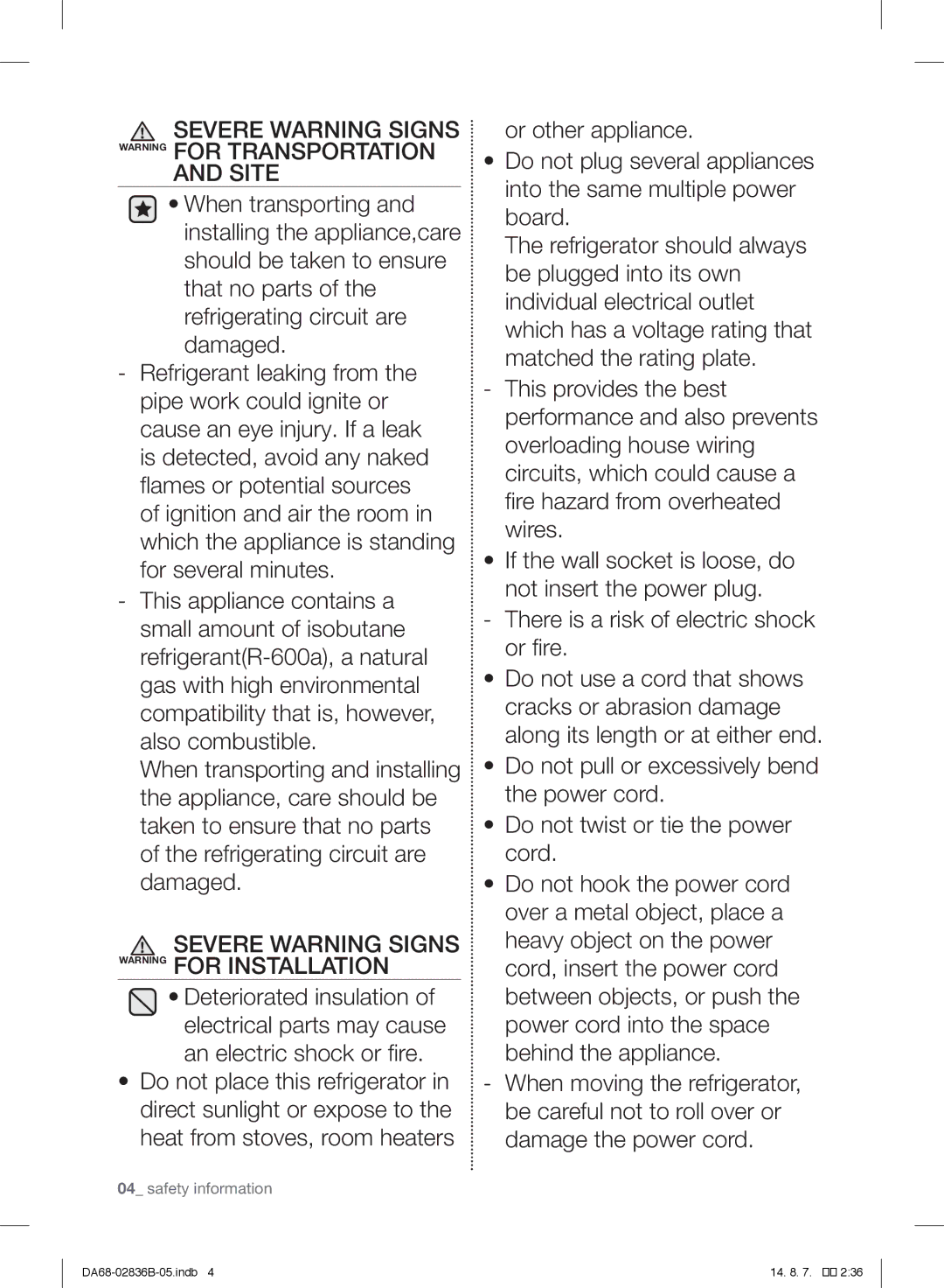 Samsung RF905QBLASP/ML manual Severe Warning Signs Warning for Transportation Site 