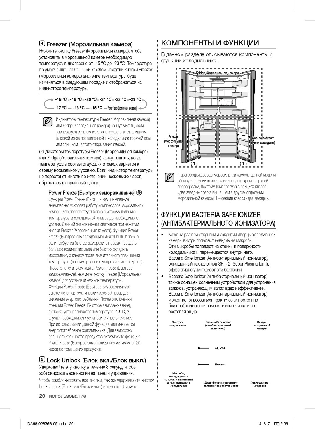 Samsung RF905QBLASP/ML manual Компоненты И Функции, Функции Bacteria Safe Ionizer Антибактериального Ионизатора 