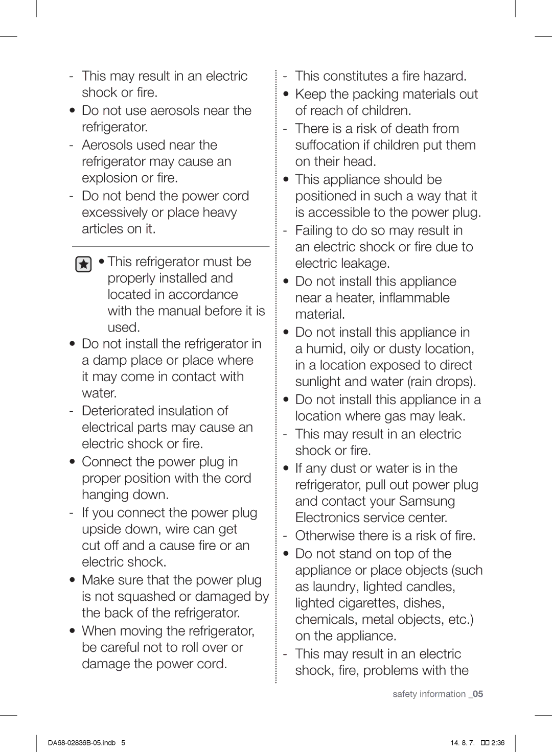 Samsung RF905QBLASP/ML manual Safety information 