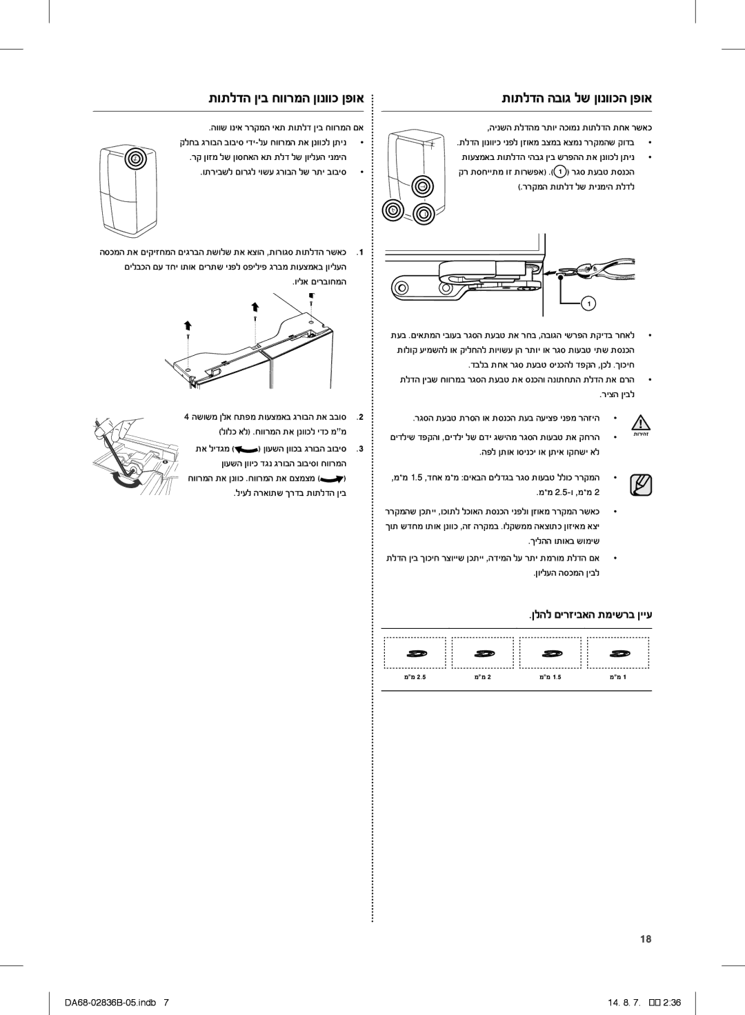 Samsung RF905QBLASP/ML manual תותלדה הבוג לש ןונווכה ןפוא, הפל ןתוא וסינכי וא ןתיא וקחשי אל 