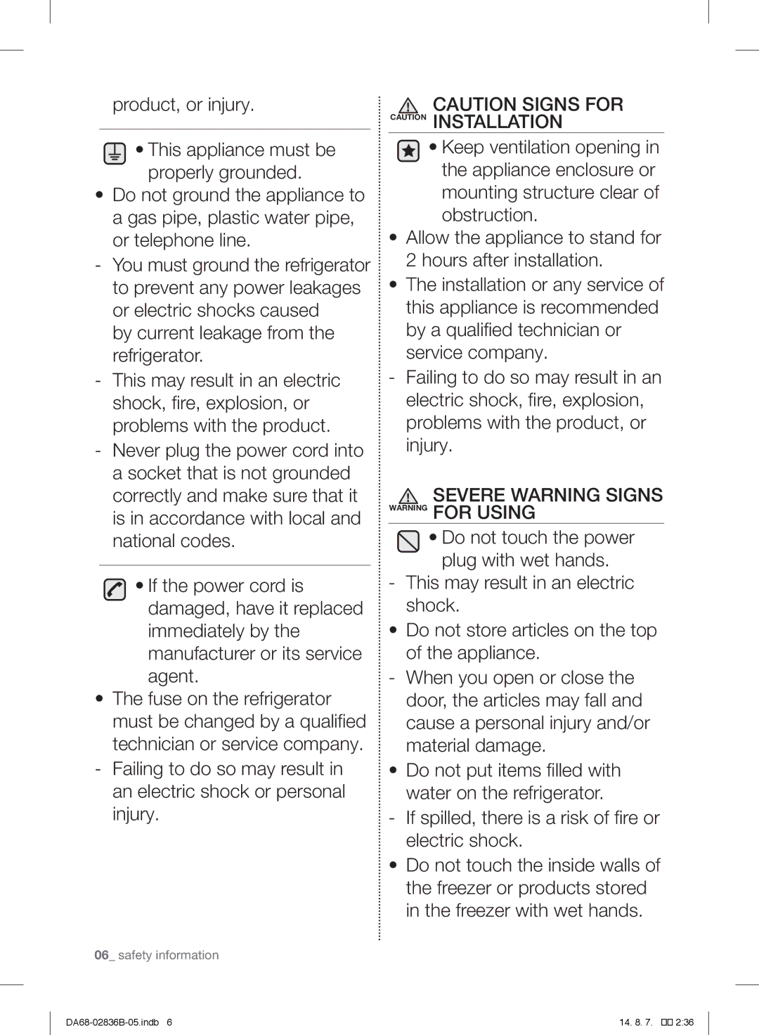 Samsung RF905QBLASP/ML manual Severe Warning Signs Warning for Using 