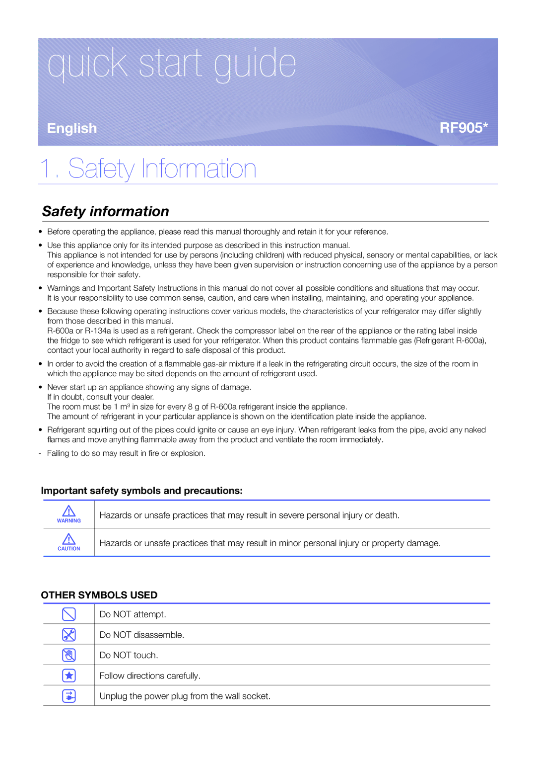 Samsung RF905VCLASL/ES manual Quick start guide, Safety Information 