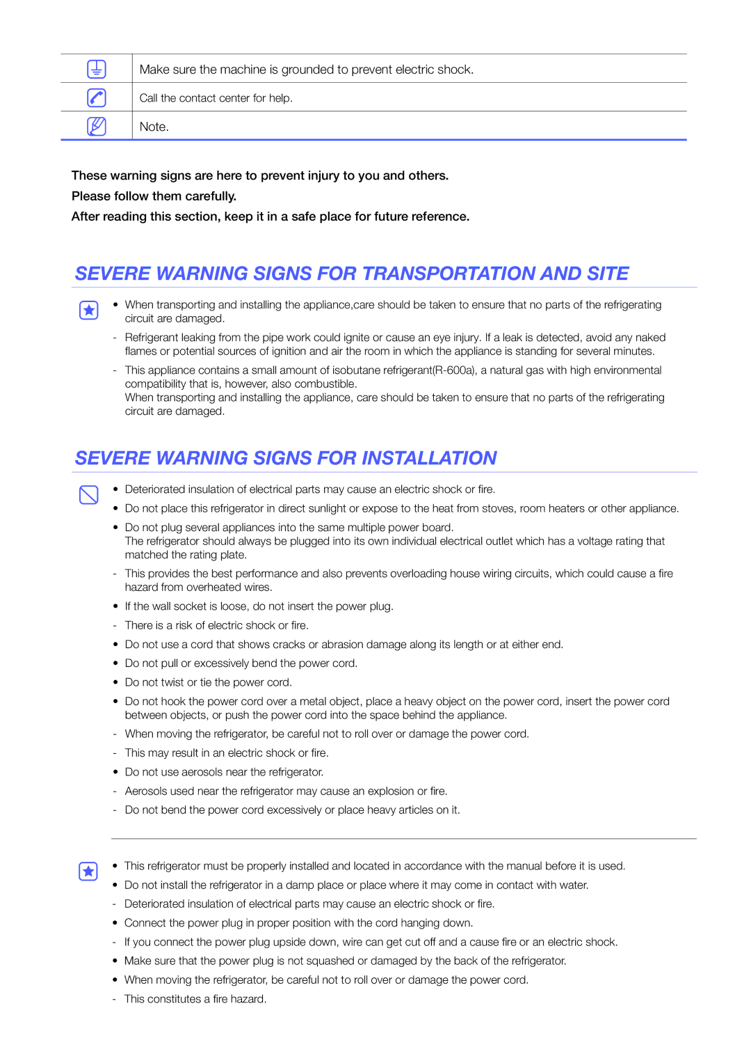 Samsung RF905VCLASL/ES manual Severe Warning Signs for Transportation and Site, Severe Warning Signs for Installation 