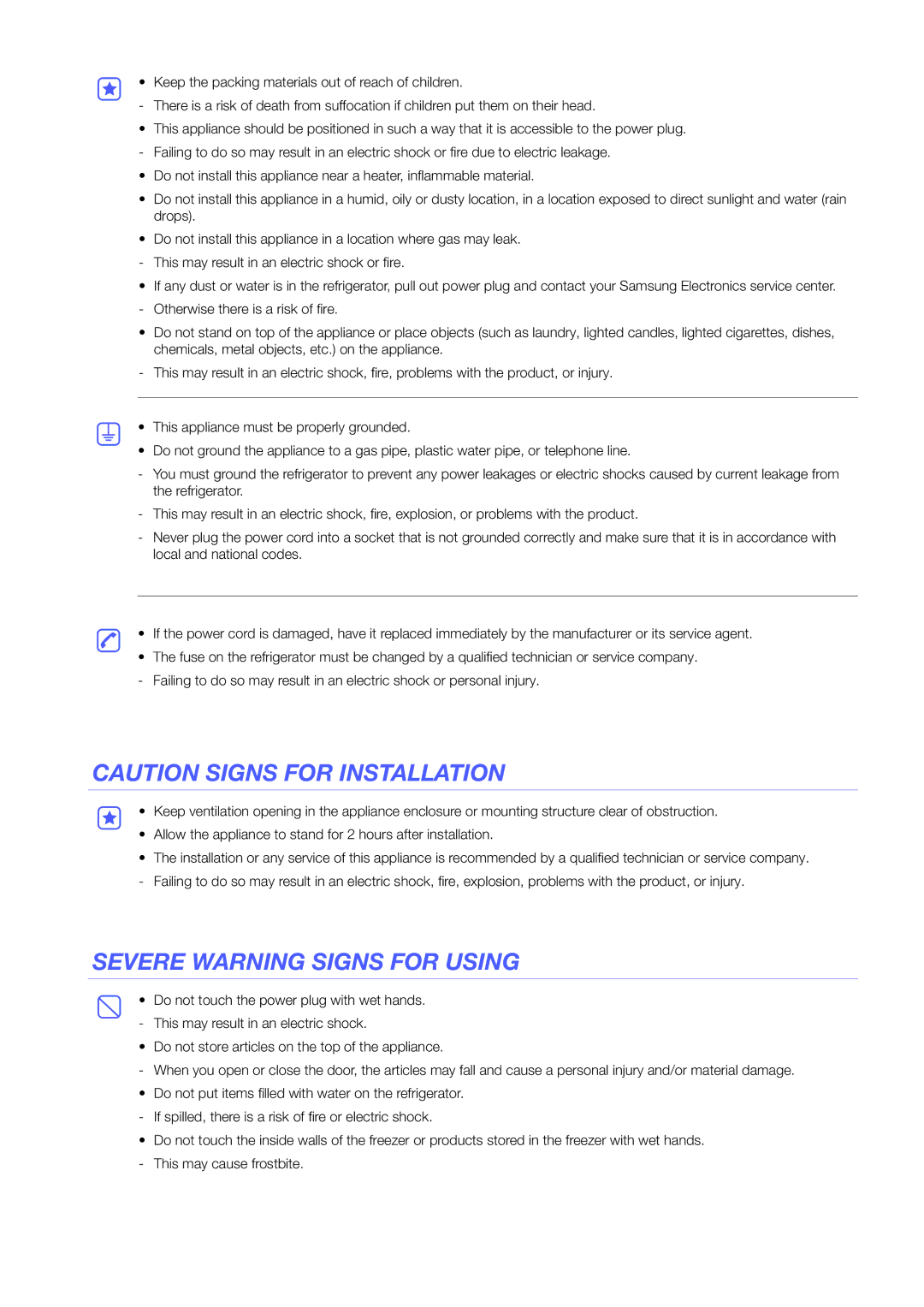 Samsung RF905VCLASL/ES manual Severe Warning Signs for Using 