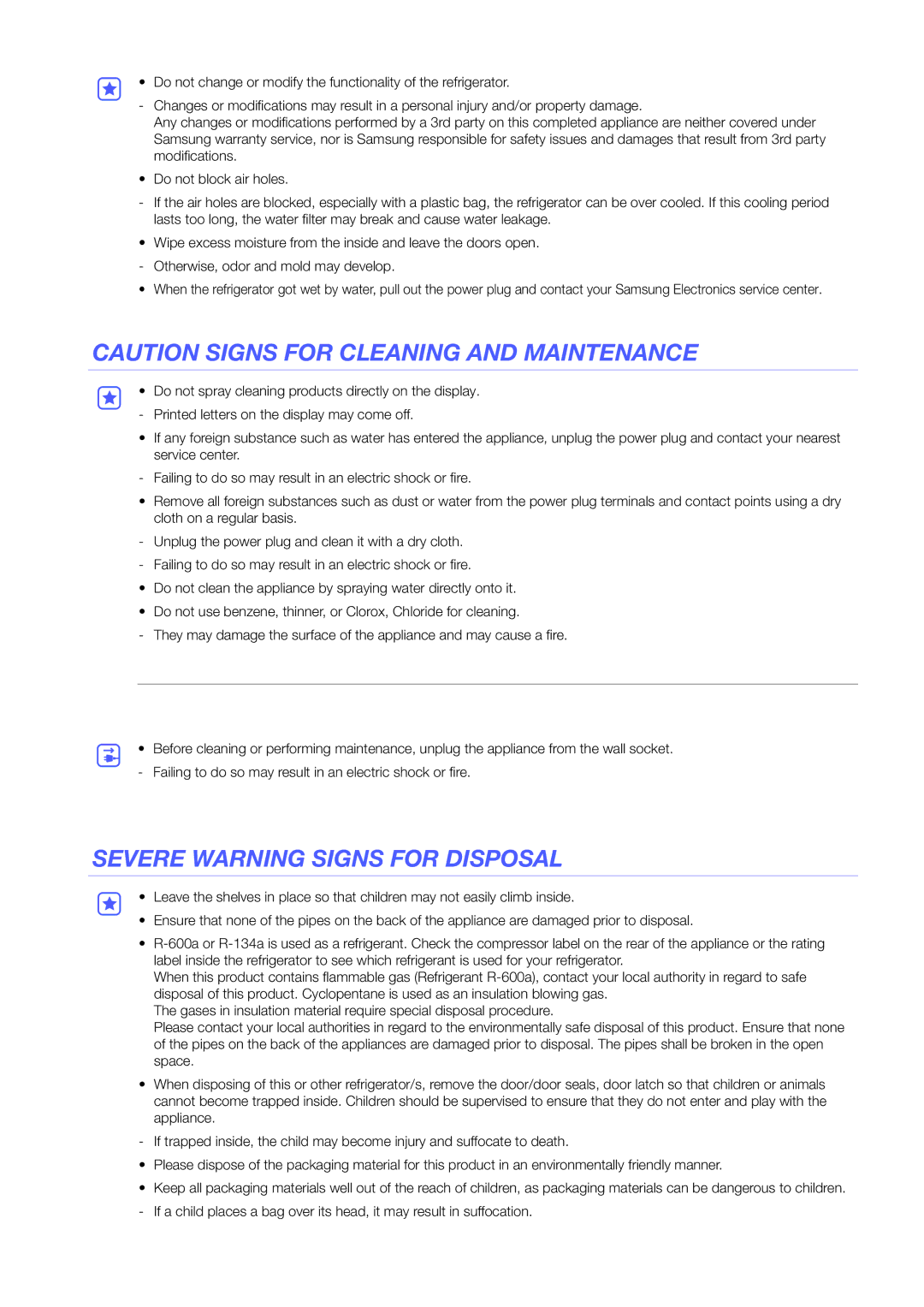 Samsung RF905VCLASL/ES manual Severe Warning Signs for Disposal 