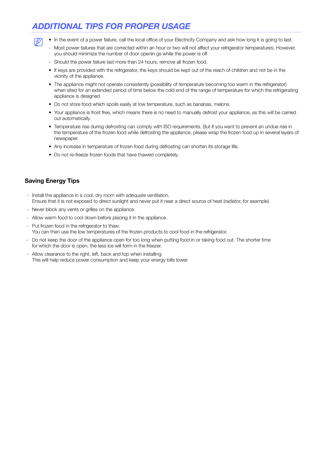 Samsung RF905VCLASL/ES manual Additional Tips for Proper Usage, Saving Energy Tips 