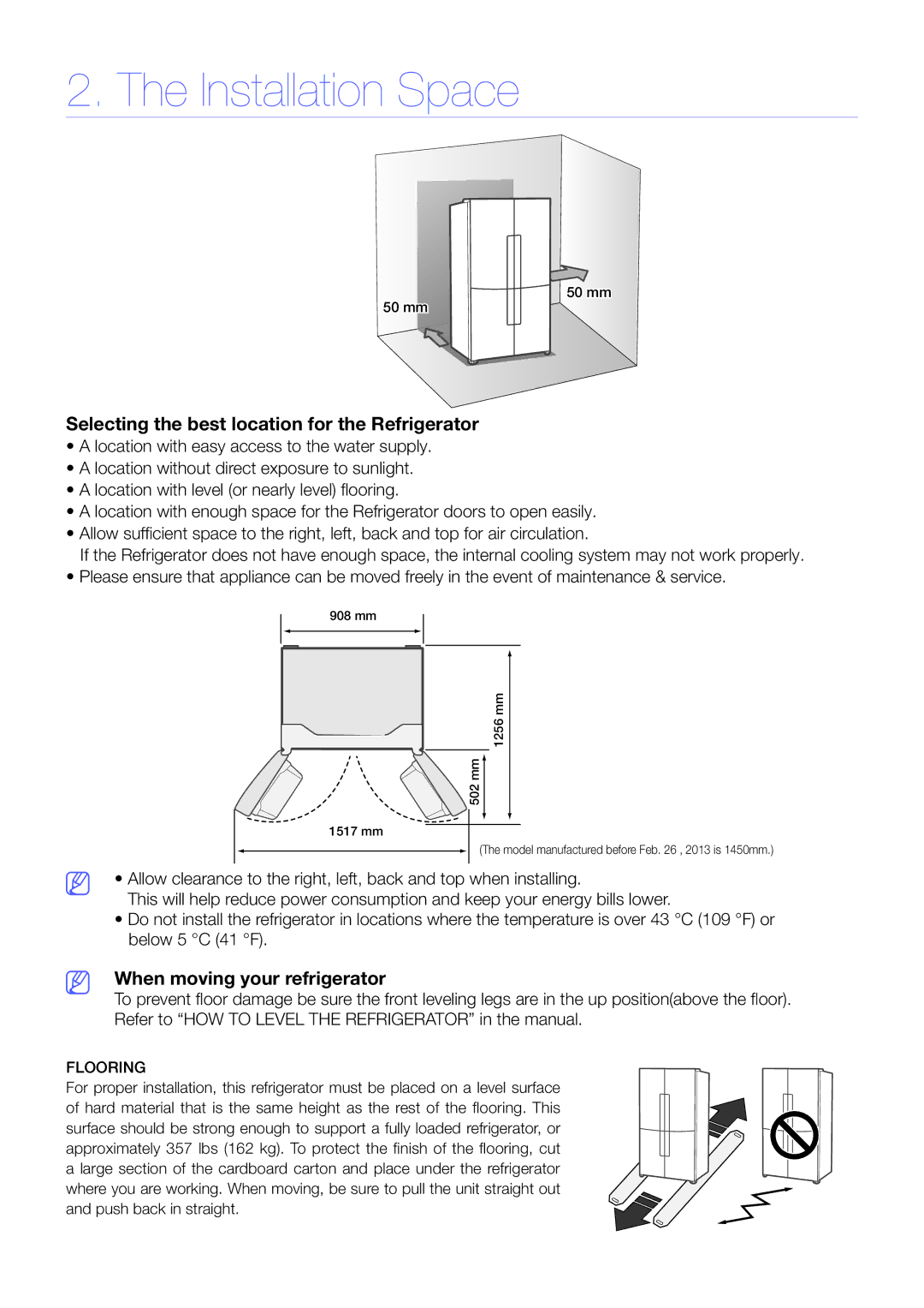 Samsung RF905VCLASL/ES manual Installation Space, Selecting the best location for the Refrigerator 