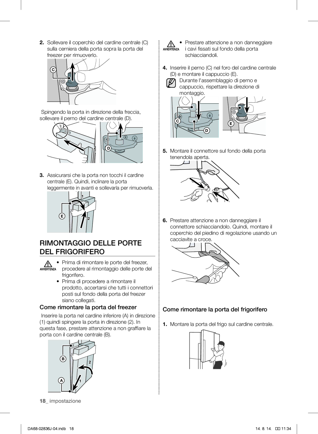 Samsung RF905VCLASL/ES manual Rimontaggio Delle Porte DEL Frigorifero, Come rimontare la porta del freezer 