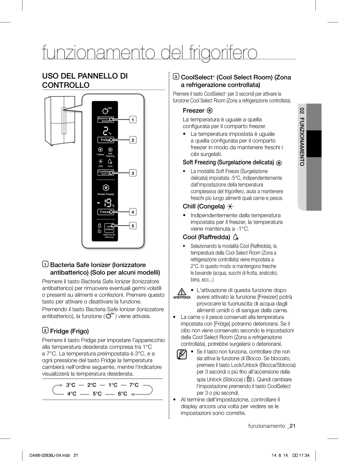 Samsung RF905VCLASL/ES manual Funzionamento del frigorifero, USO DEL Pannello DI Controllo 