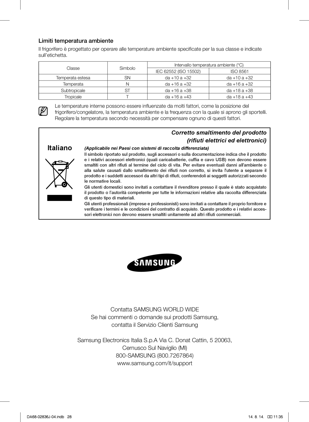 Samsung RF905VCLASL/ES manual Limiti temperatura ambiente 