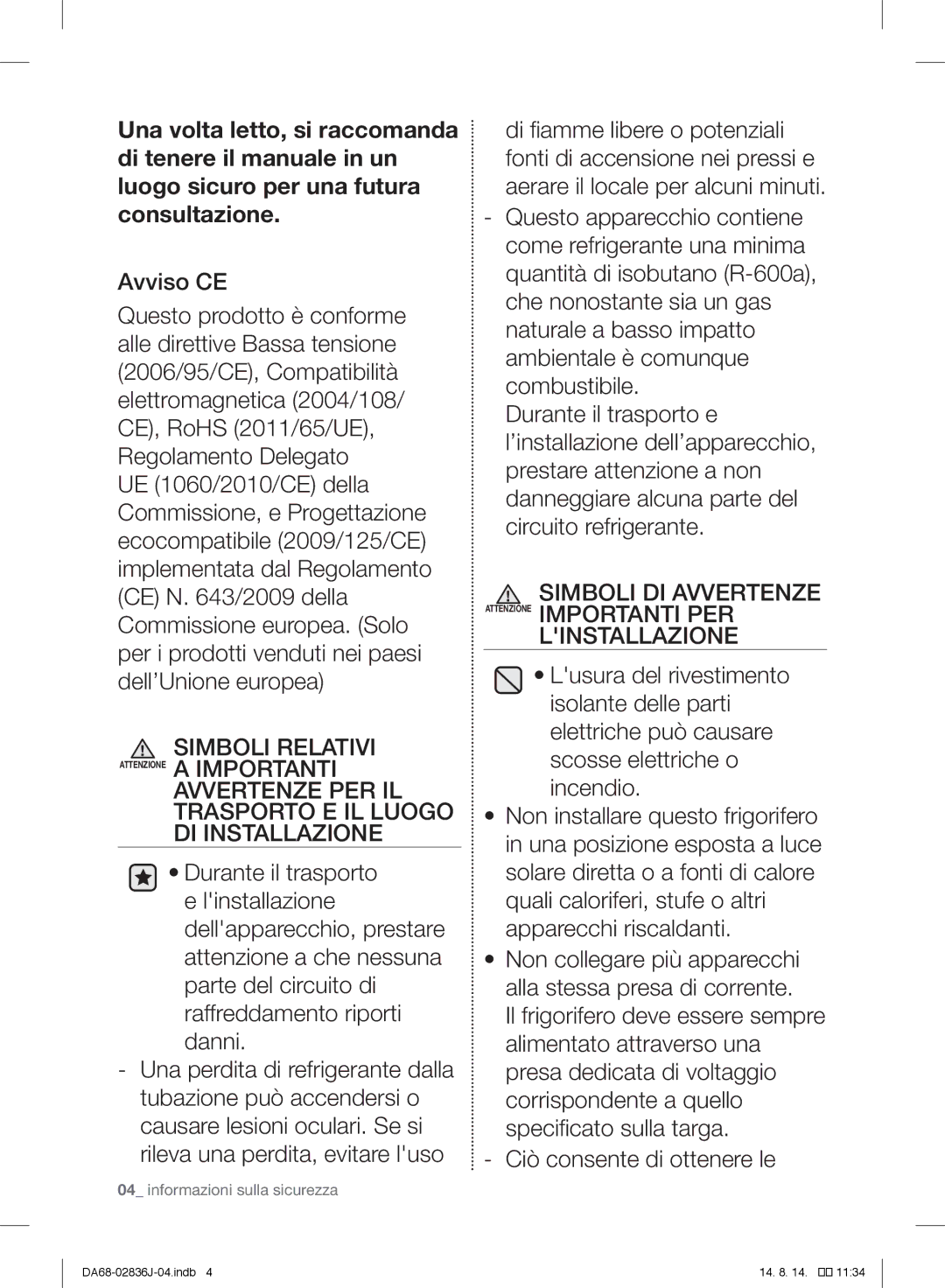 Samsung RF905VCLASL/ES manual Informazioni sulla sicurezza 