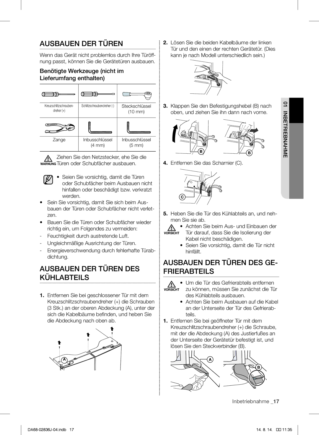 Samsung RF905VCLASL/ES manual Ausbauen DER Türen DES, Frierabteils, Kühlabteils 