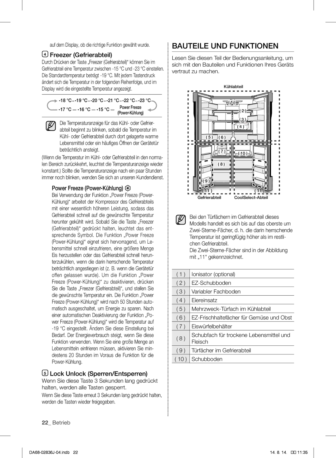 Samsung RF905VCLASL/ES manual Bauteile UND Funktionen, Power Freeze Power-Kühlung, Lock Unlock Sperren/Entsperren 