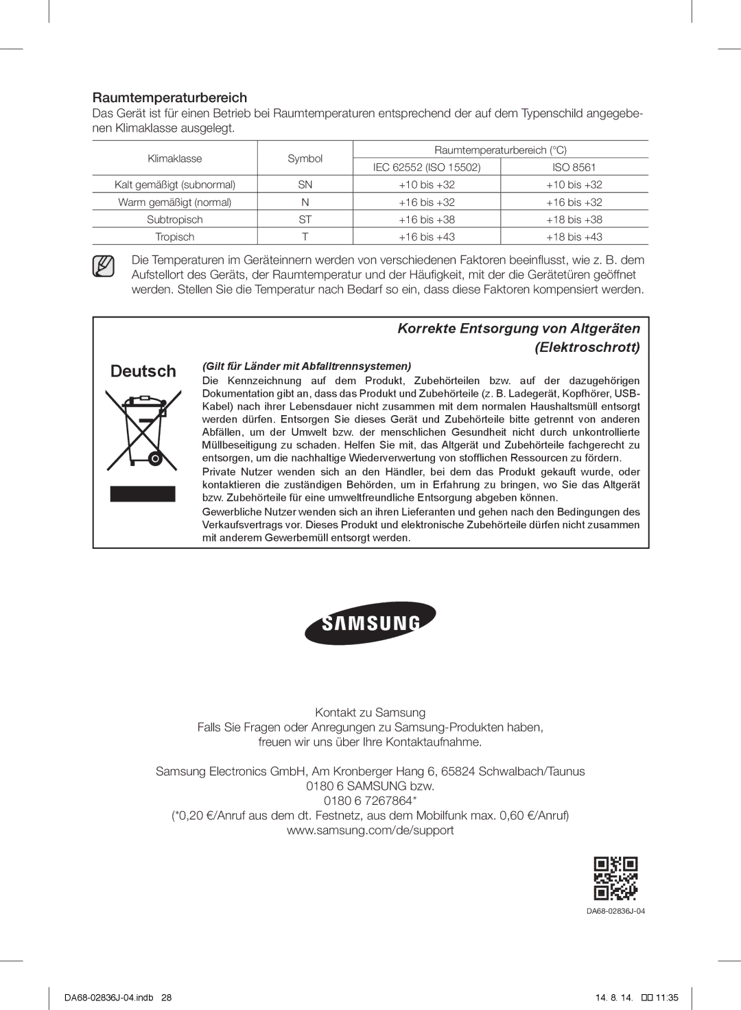 Samsung RF905VCLASL/ES manual Deutsch, Raumtemperaturbereich 