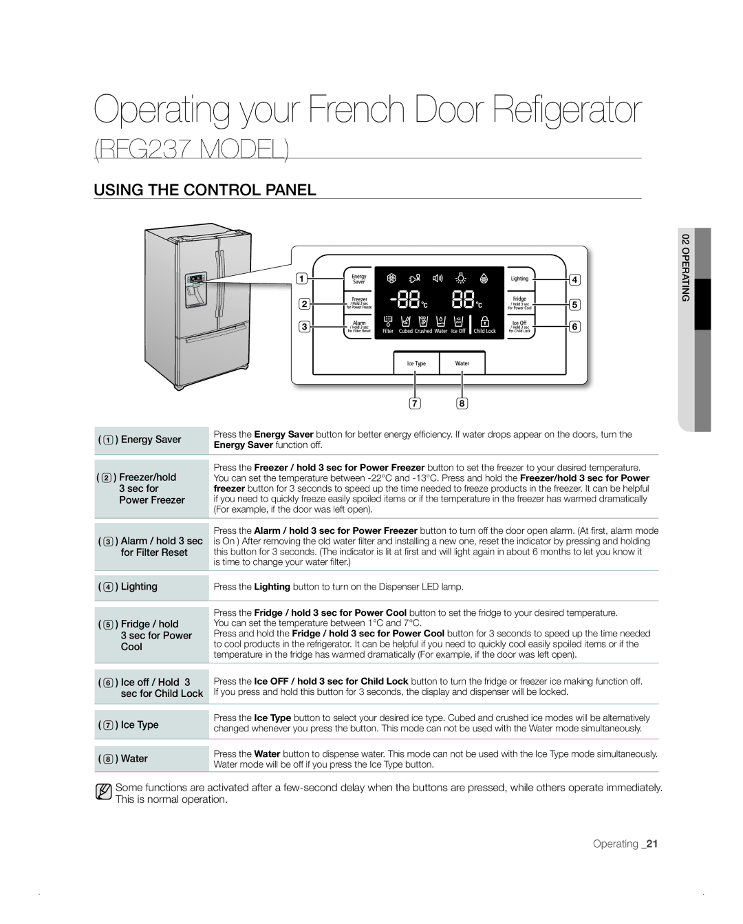 Samsung RFG238AA, RFG237AA user manual Operating your French Door Refigerator, Using the control panel 