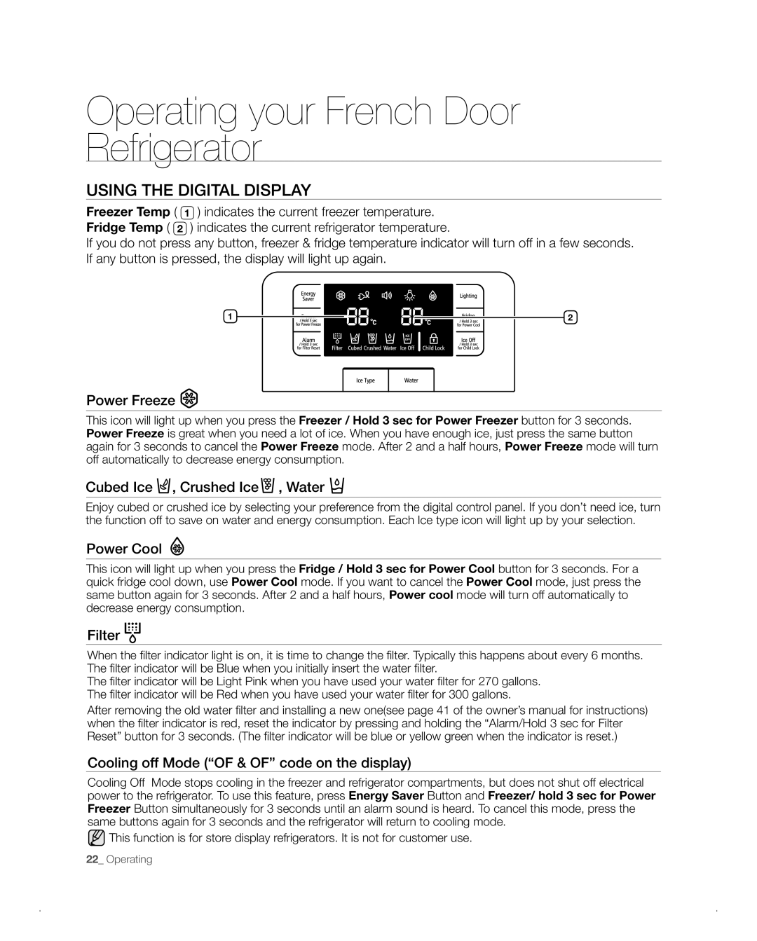 Samsung RFG237AA, RFG238AA user manual Operating your French Door Refrigerator, Using the Digital Display 