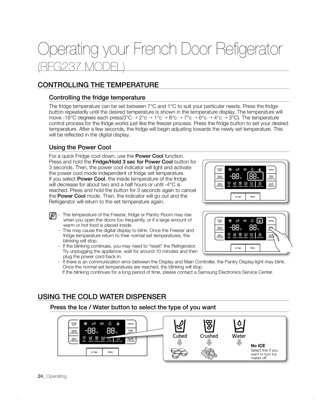 Samsung RFG237AA, RFG238AA Using the Cold Water Dispenser, Controlling the fridge temperature, Using the Power Cool 