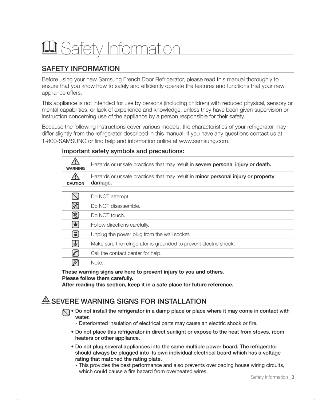 Samsung RFG238AA, RFG237AA user manual Safety Information, Important safety symbols and precautions 