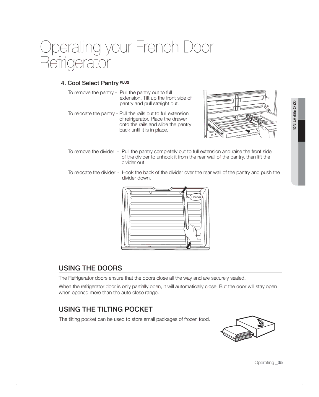 Samsung RFG238AA, RFG237AA user manual Using tHe DooRs, UsinG tHE tiLtinG PoCKEt, Cool Select Pantry Plus 