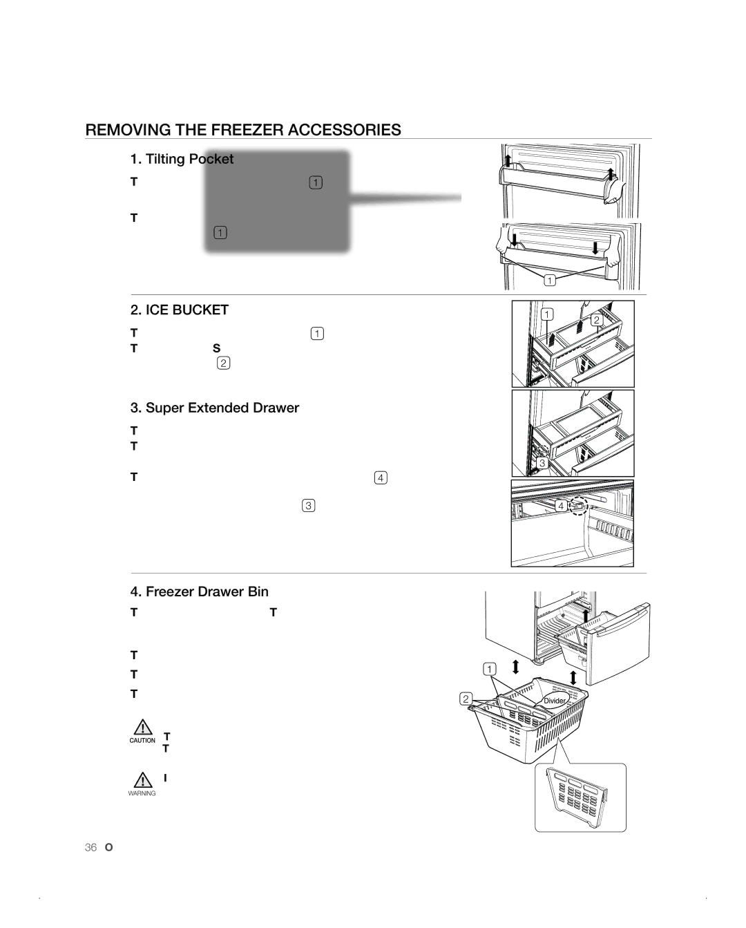 Samsung RFG237AA, RFG238AA Removing the Freezer Accessories, Tilting Pocket, Super Extended Drawer, Freezer Drawer Bin 