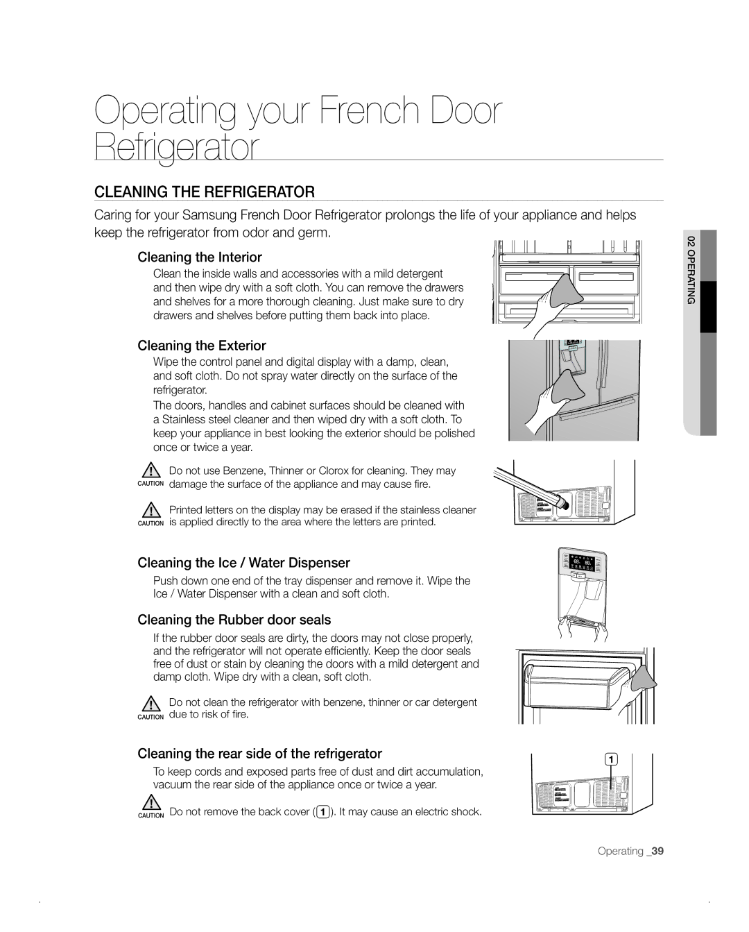 Samsung RFG238AA, RFG237AA user manual CLEAninG tHE REFRiGERAtoR, Cleaning the Exterior, Cleaning the Ice / Water Dispenser 