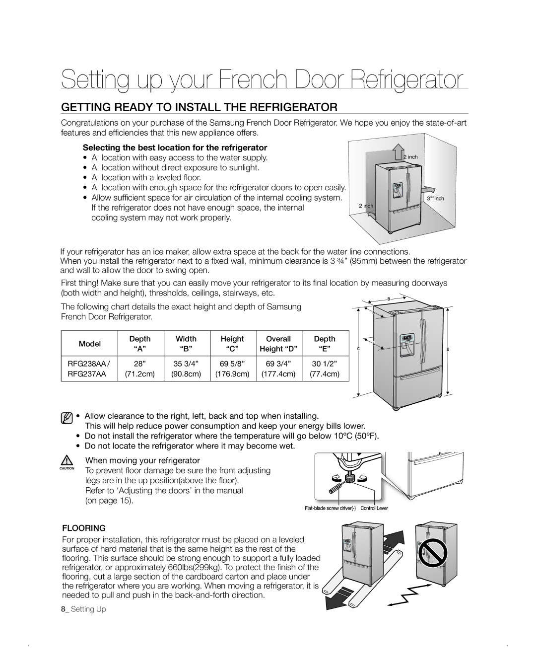 Samsung RFG237AA, RFG238AA user manual Setting up your French Door Refrigerator, GEttinG READy to instALL tHE REFRiGERAtoR 