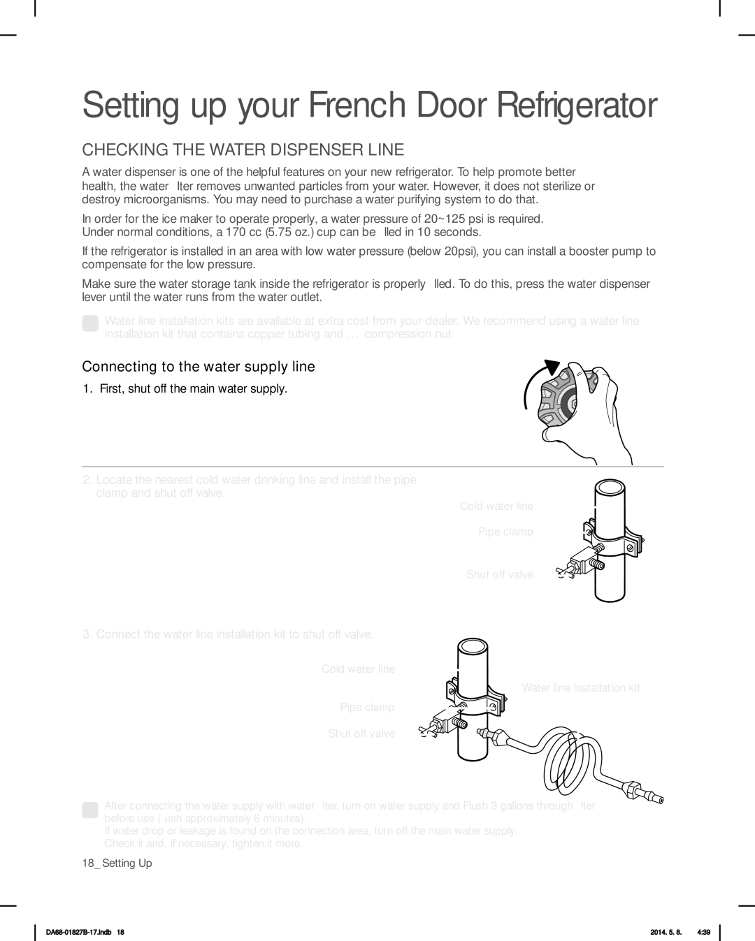 Samsung RFG237AARS, RFG237AAWP, RFG237AABP user manual Checking the Water Dispenser Line, Connecting to the water supply line 