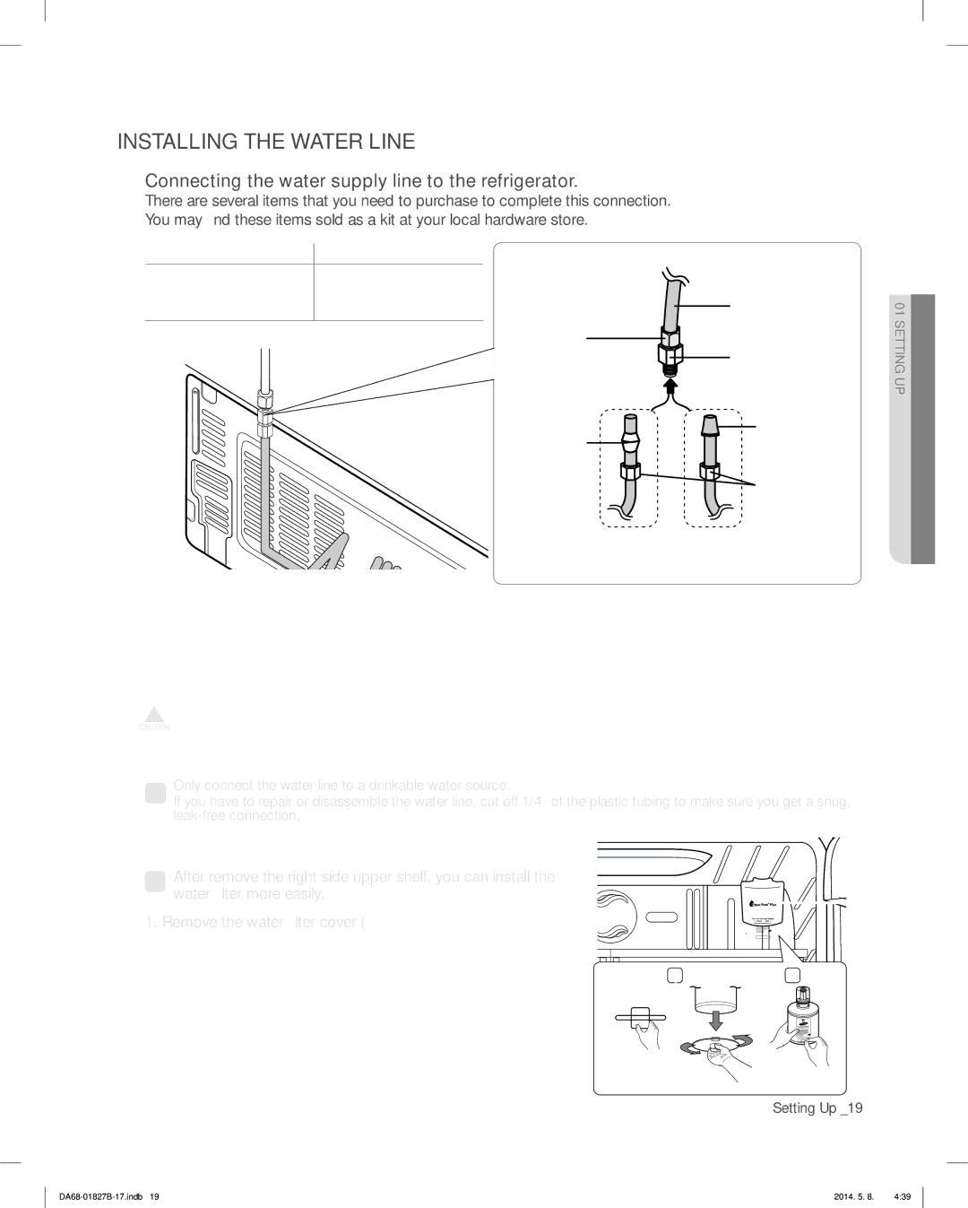 Samsung RFG237AAWP Installing the Water Line, Connecting the water supply line to the refrigerator, Refrigerator 