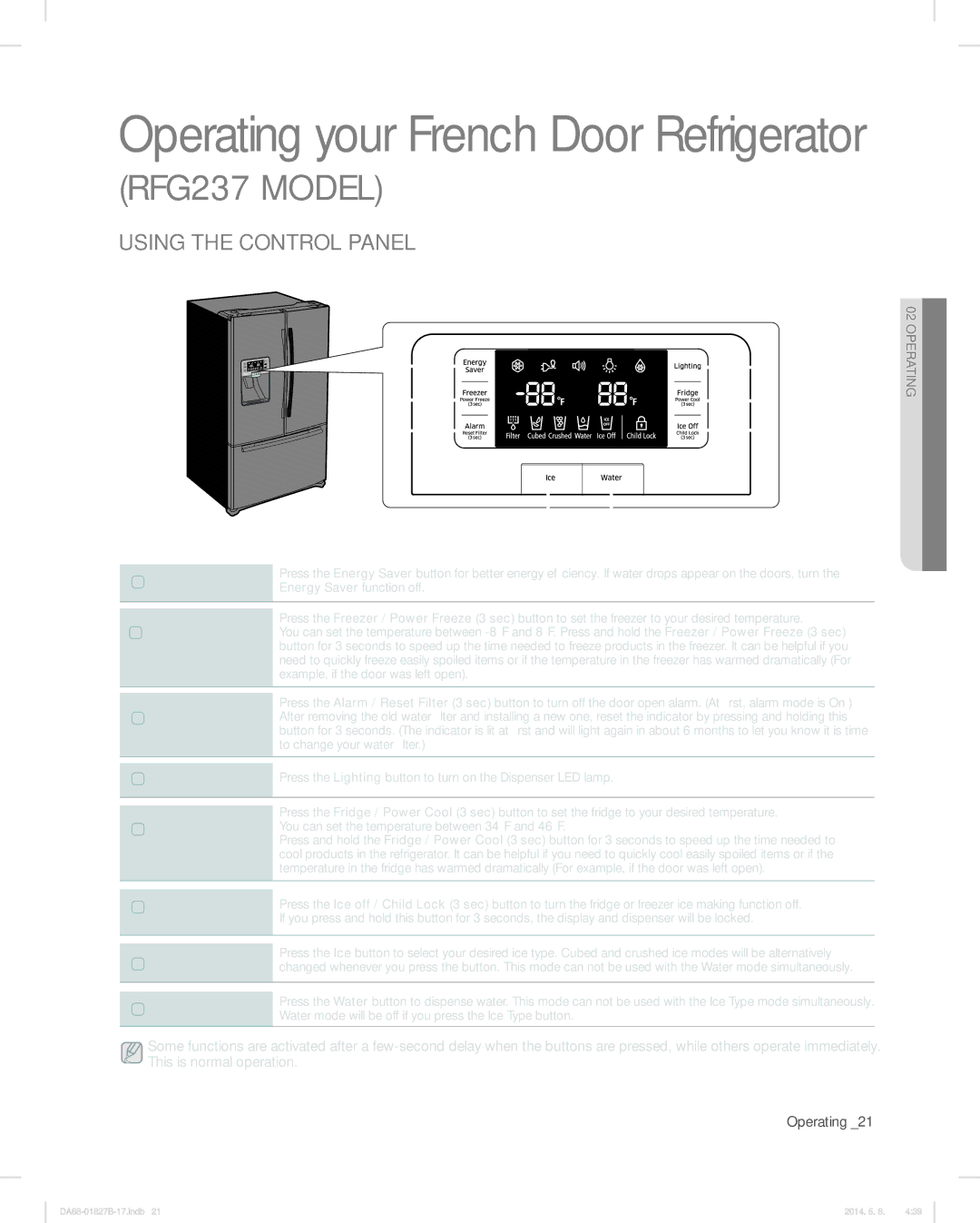 Samsung RFG237AARS, RFG237AAWP, RFG237AABP user manual Operating your French Door Refrigerator, Using the Control Panel 