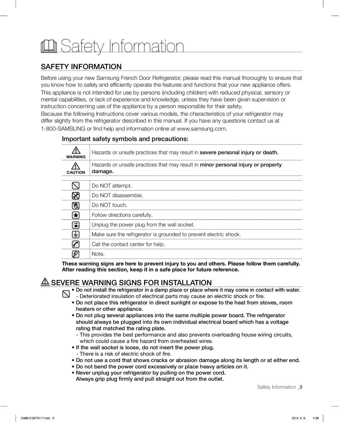 Samsung RFG237AARS, RFG237AAWP, RFG237AABP user manual Safety Information, Important safety symbols and precautions 