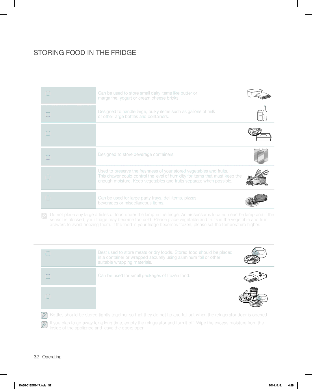 Samsung RFG237AABP, RFG237AARS, RFG237AAWP user manual Storing Food in the Fridge, Storing Food in the Freezer Drawer 