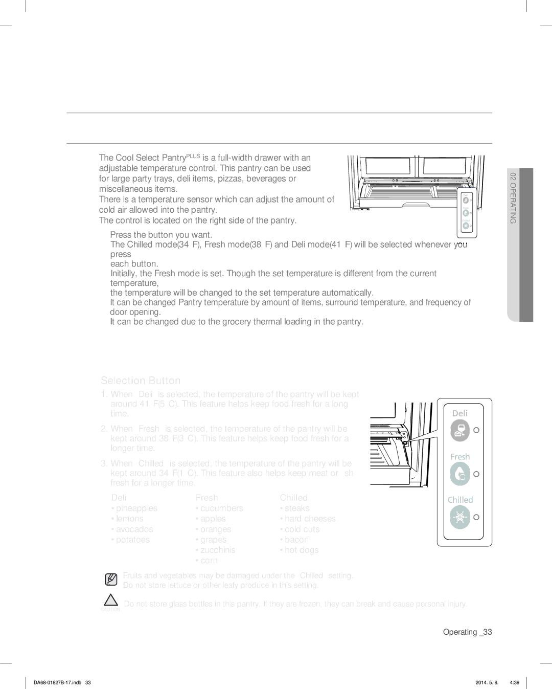 Samsung RFG237AARS, RFG237AAWP, RFG237AABP user manual Using the Cool Select Pantryplus, Temperature, Selection Button 