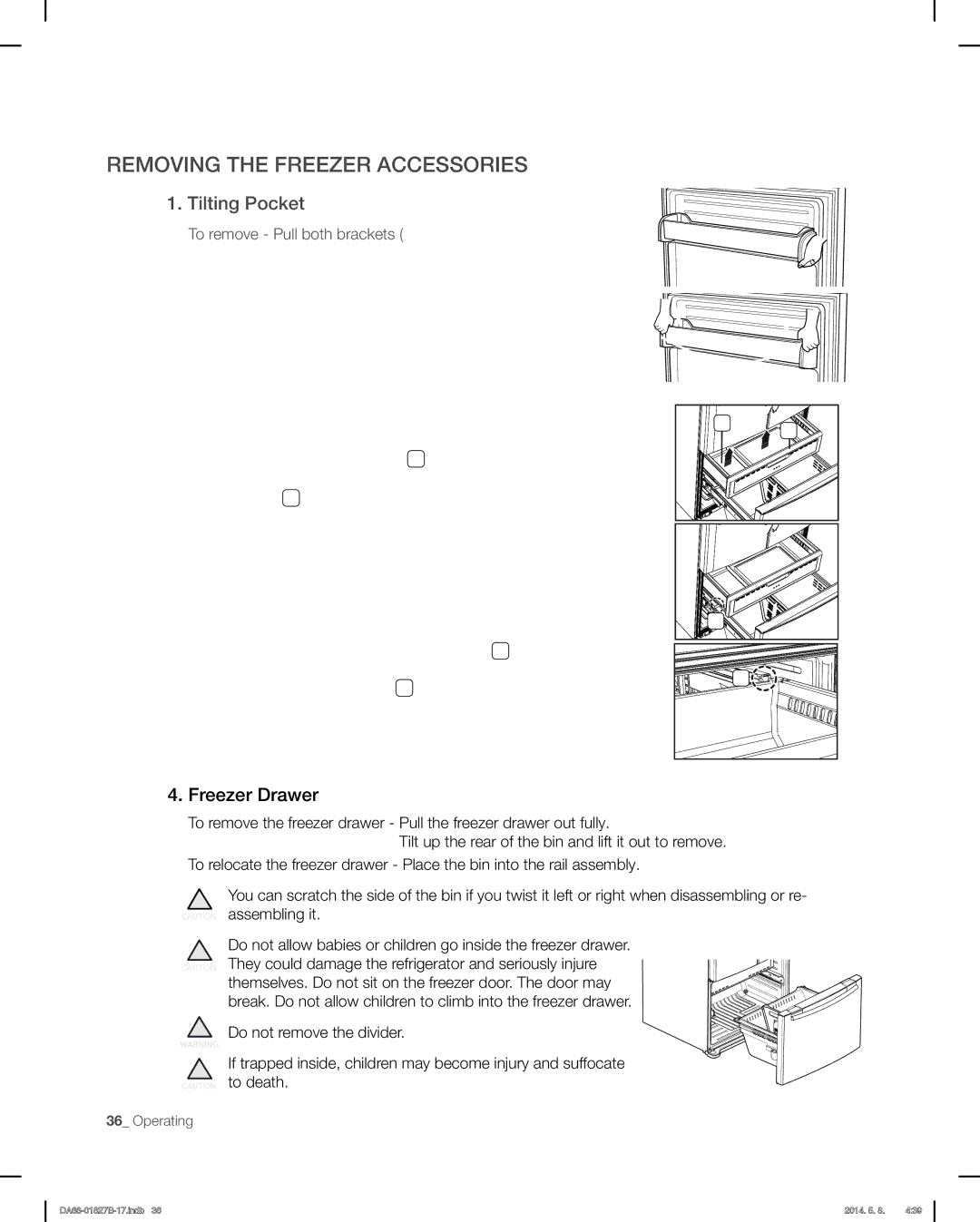 Samsung RFG237AARS Removing the Freezer Accessories, Tilting Pocket, Ice Bucket, Super Extended Drawer, Freezer Drawer 