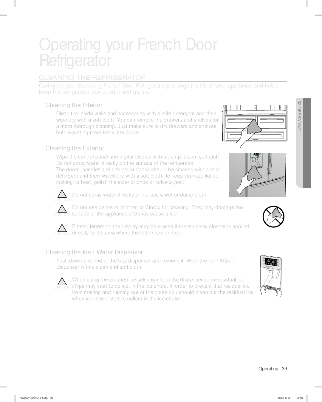 Samsung RFG237AARS, RFG237AAWP, RFG237AABP Cleaning the Refrigerator, Cleaning the Interior, Cleaning the Exterior 