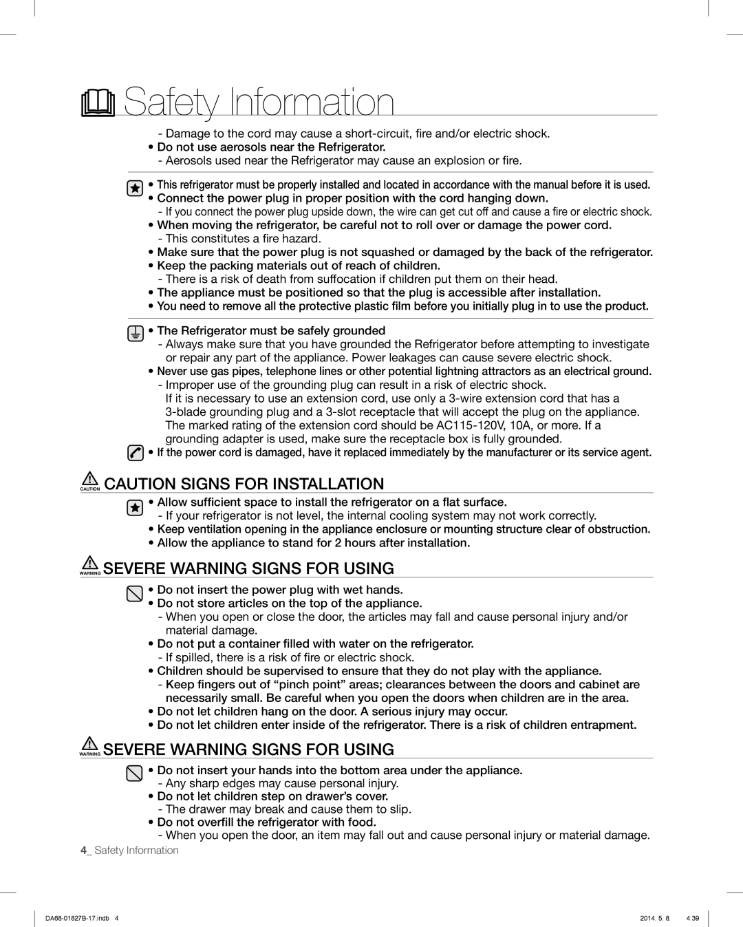 Samsung RFG237AAWP, RFG237AARS, RFG237AABP user manual Safety Information 